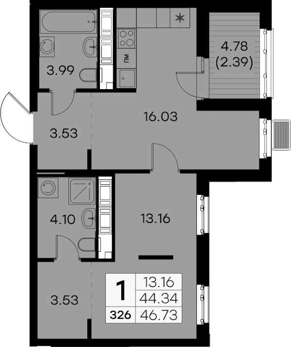 1-комнатная квартира 46.73 м², 8/9 эт., ЖК «Glorax City Балтийская»